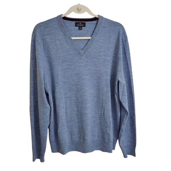 Brooks Brothers Sweater Mens Medium Blue Extra Fine Merino Wool V-Neck Preppy - Picture 1 of 8